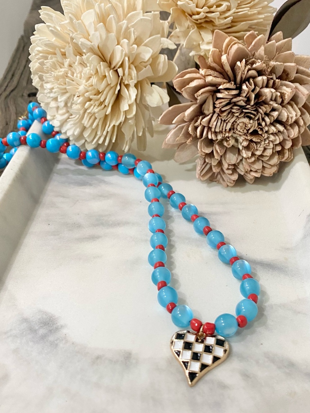 Colorful Bead Charm Necklace with Heart Pendant